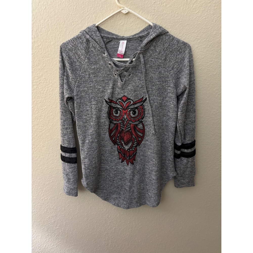 No Boundaries Juniors Gray Owl Graphic Lace Up Hoodie Long Sleeve
(A719)